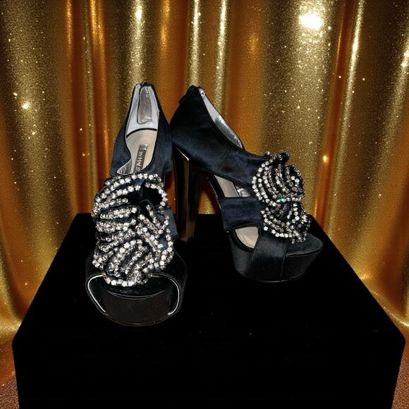 H by Halston Black Satin Rhinestone Platform Heels 7M Silver Tone 5.5” Open Toe - Picture 1 of 16